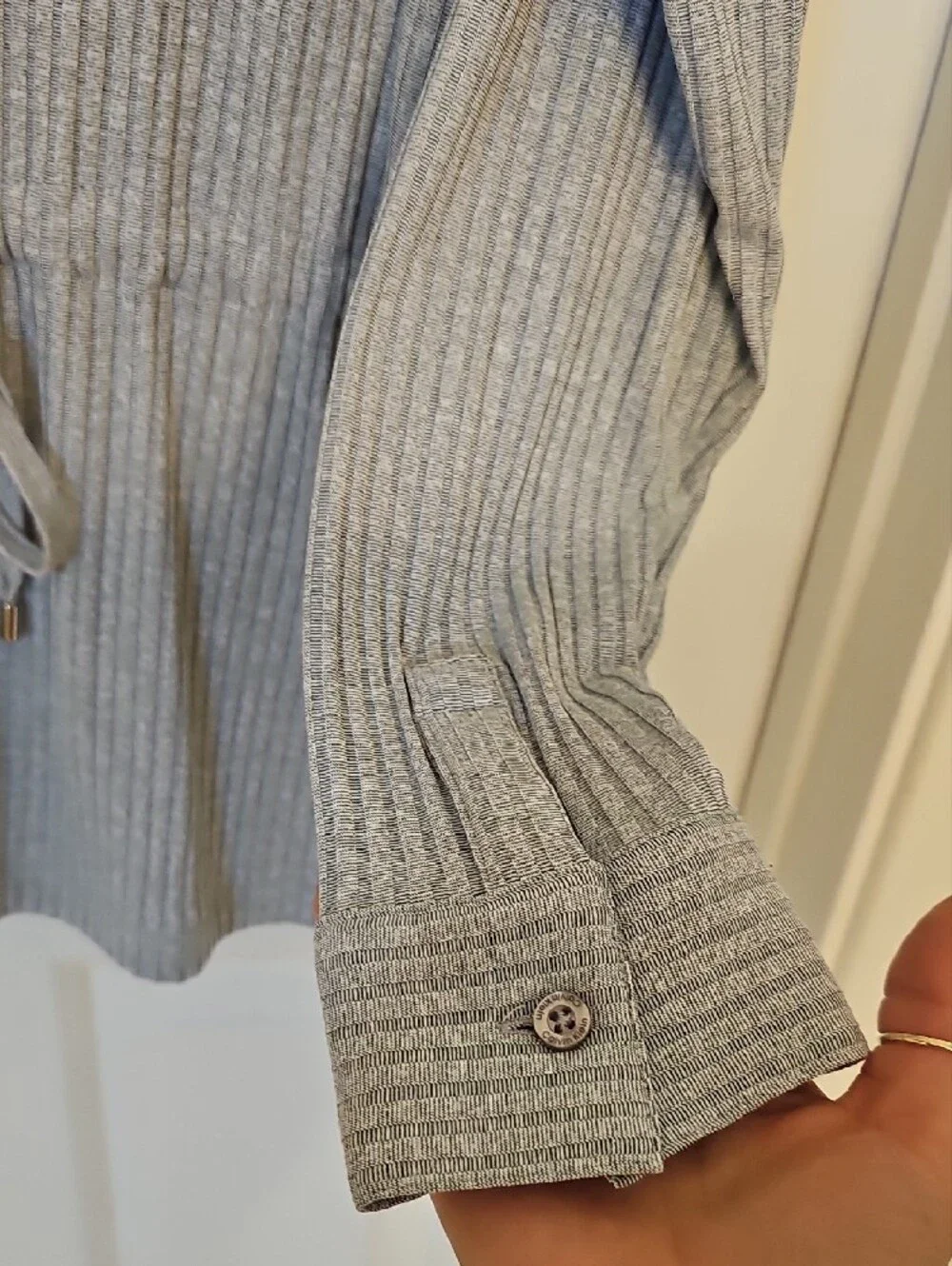 Calvin Klein Light Gray Ribbed Button-Front Drawstring Shirt - Picture 3 of 5